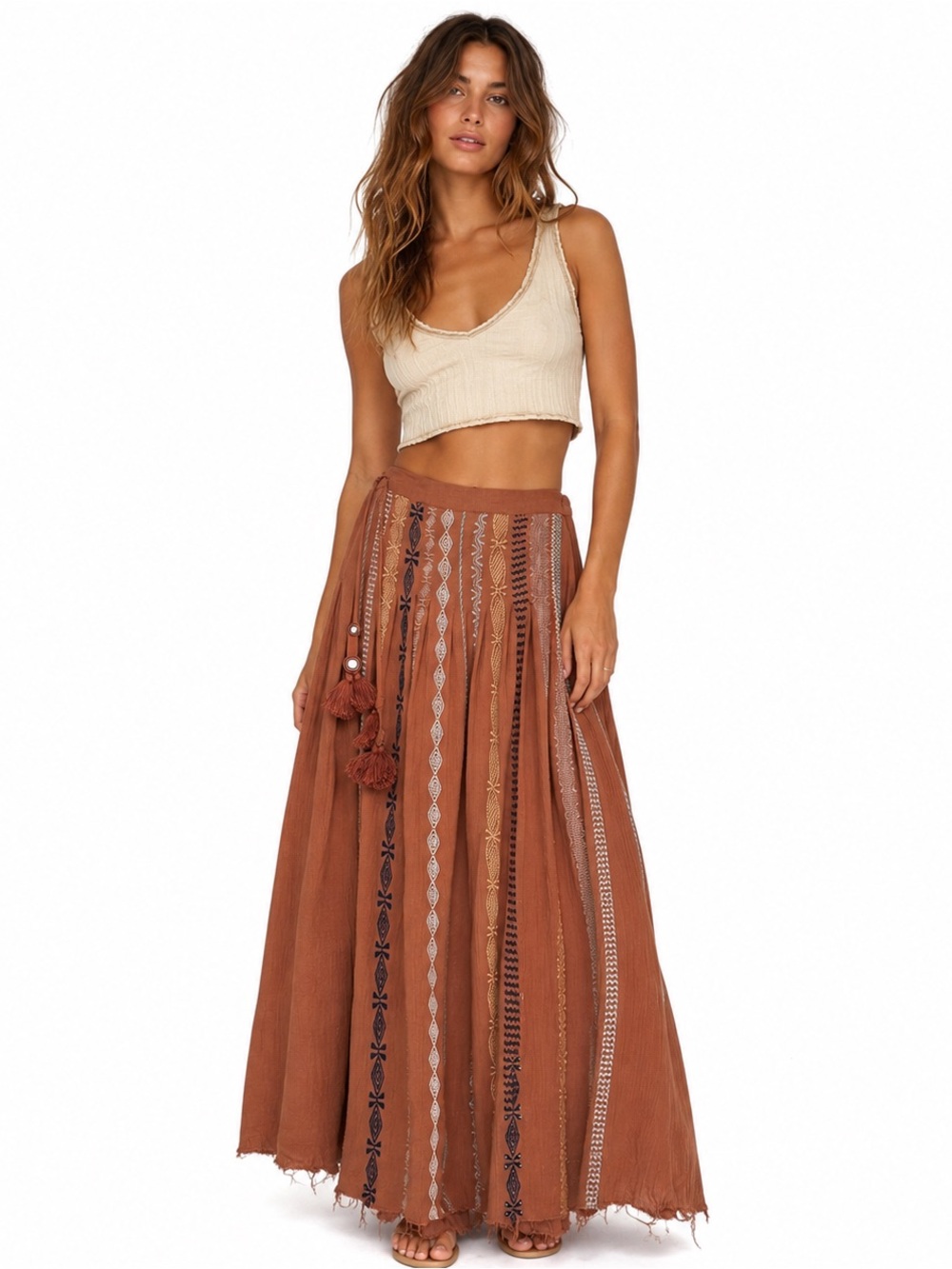 FP One Free People Embroidered Cotton Kantha Maxi Skirt Tassel Boho Festival XS